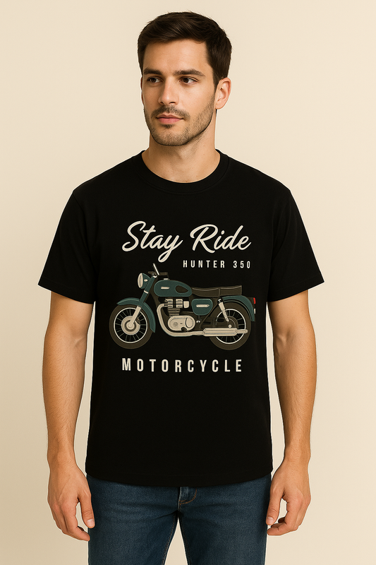 Unique wear Clothing - 
Stay Ride Hunter 350 Tee - Motorcycle Edition - Black Colour